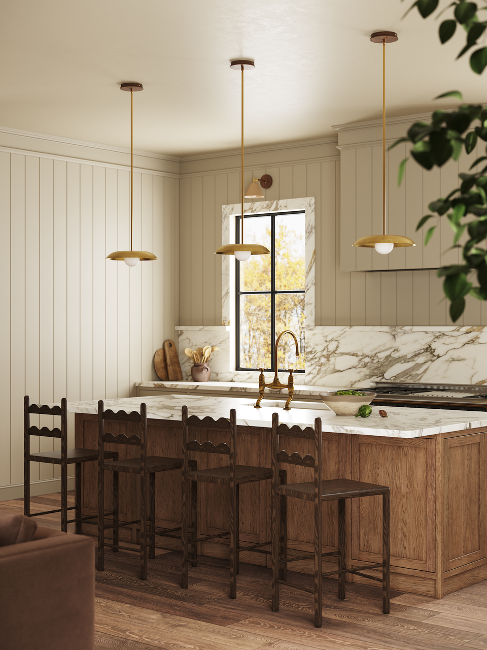 Walnut, Classic Brass, White Porcelain