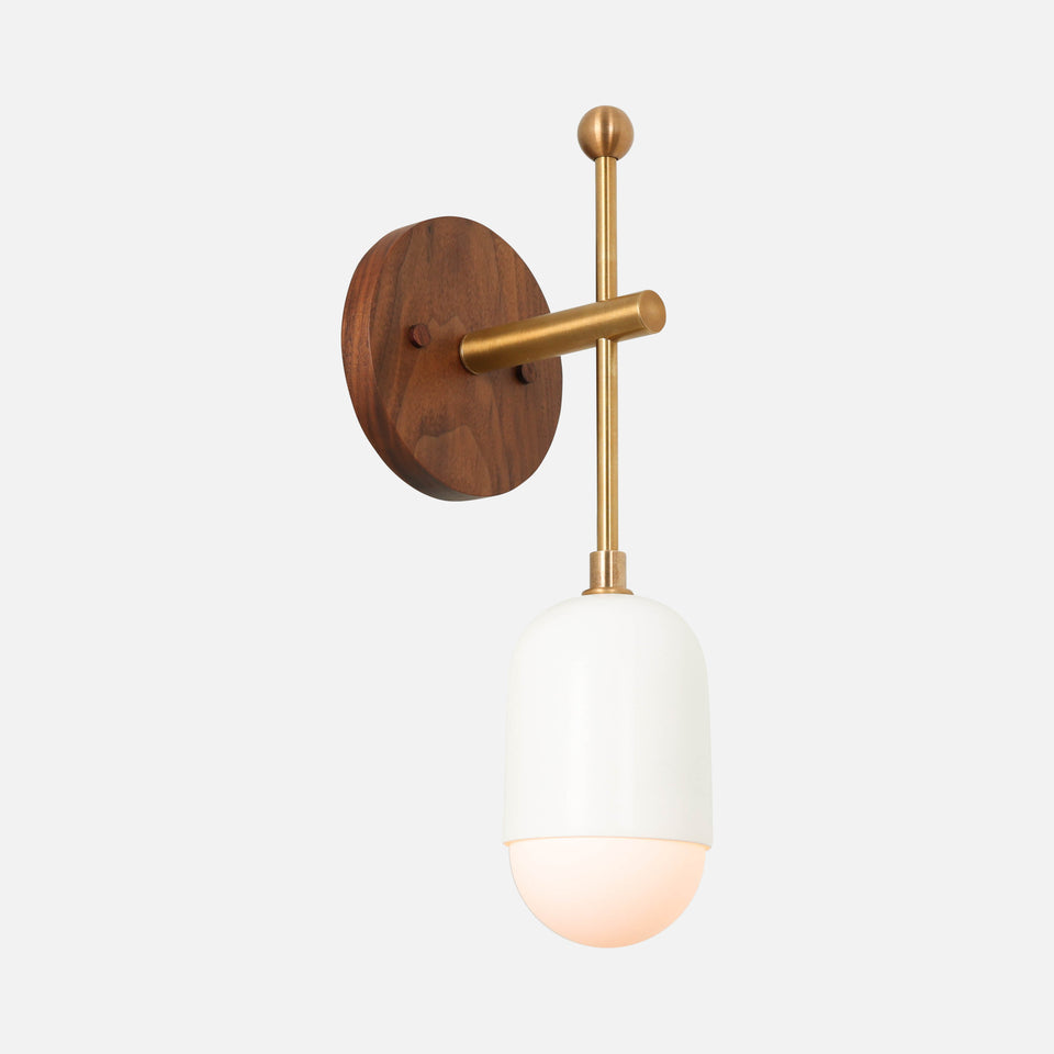 Walnut, Antique Brass, Satin White Shade