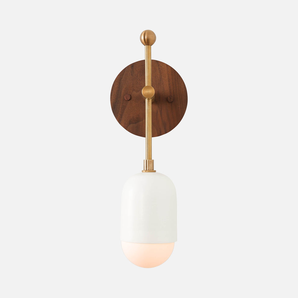Walnut, Antique Brass, Satin White Shade