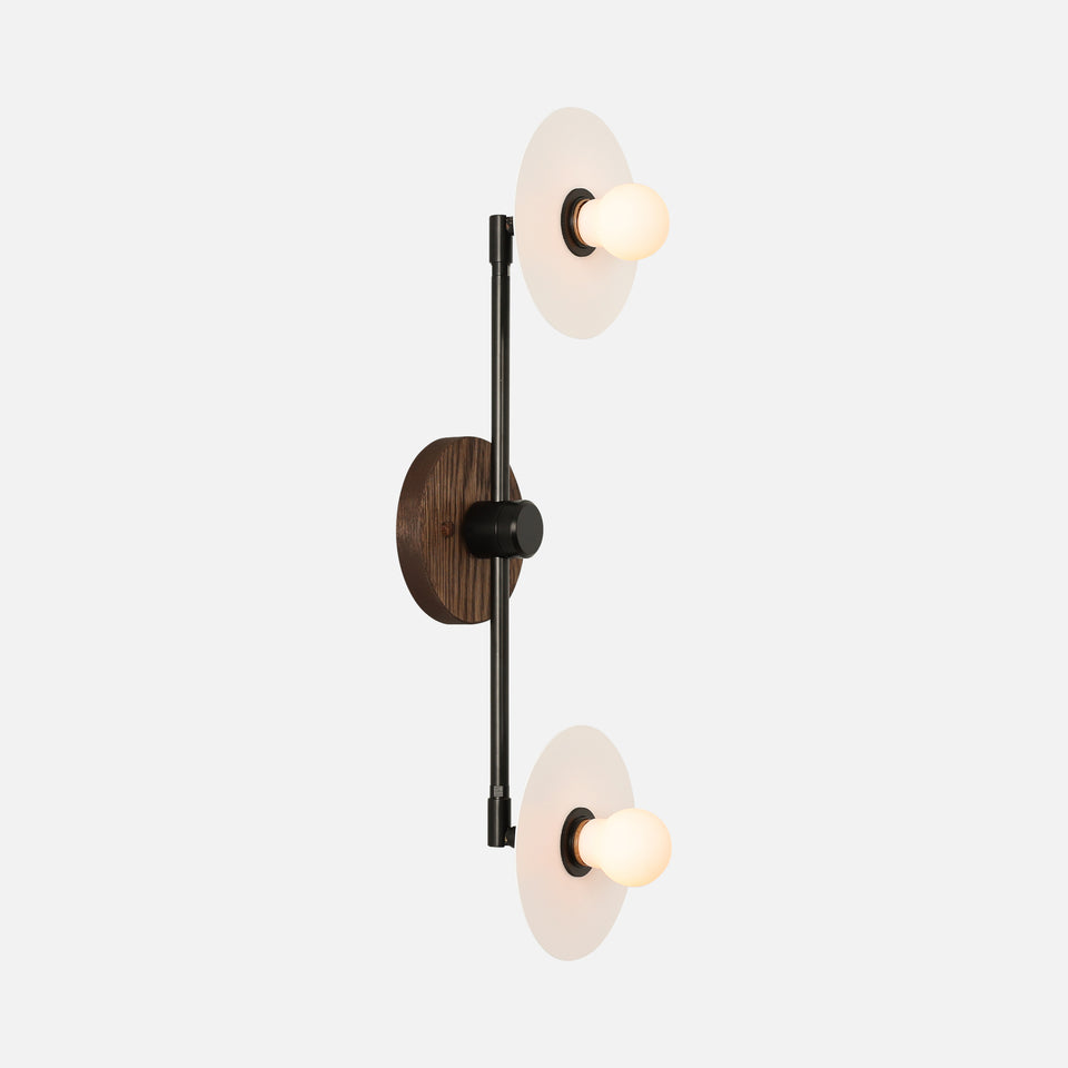 Chocolate Oak, Matte Black Arms, Satin White Shades