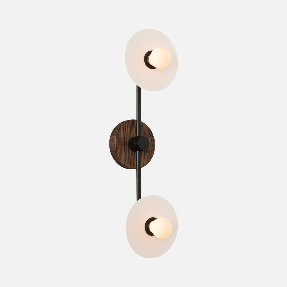 Chocolate Oak, Matte Black Arms, Satin White Shades