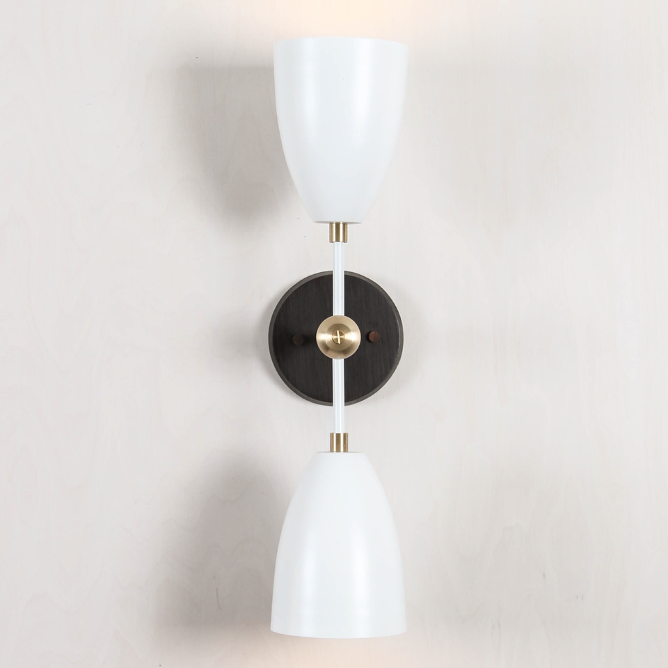 Black Ash, Satin White Arms, Classic Brass Accents, Satin White Shades