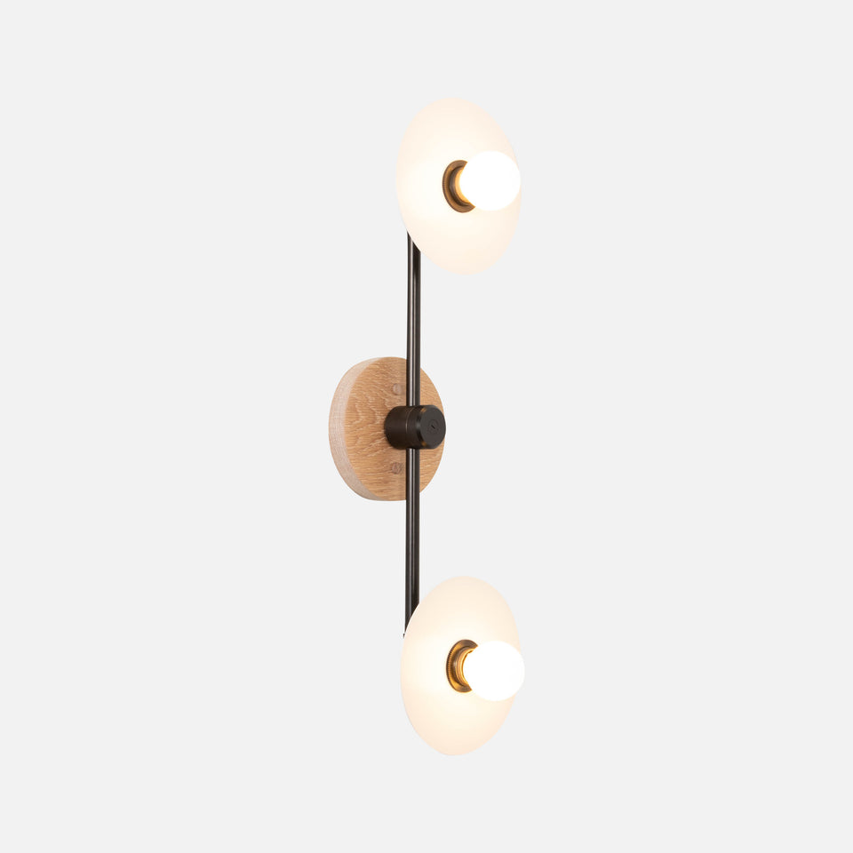 Cornsilk Oak, Matte Black Arms, Satin White Shades