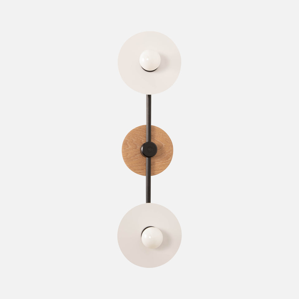 Cornsilk Oak, Matte Black Arms, Satin White Shades