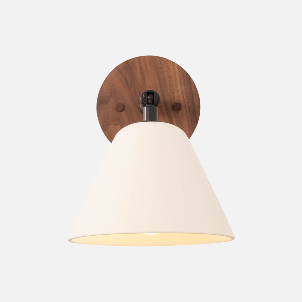 Walnut, Oxidized Brass, White Porcelain