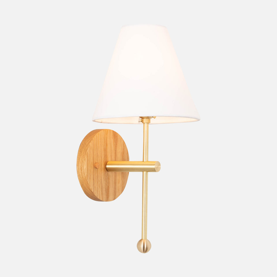 White Oak, Classic Brass, White Linen Shade