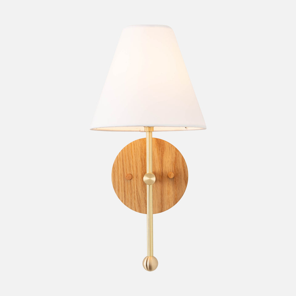 White Oak, Classic Brass, White Linen Shade